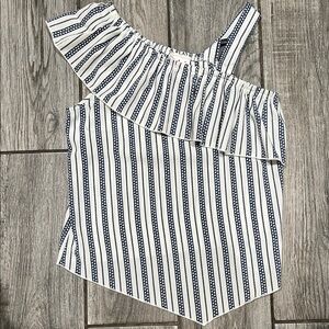 Blue and White Asymmetrical Ruffled Sleeveless Blouse